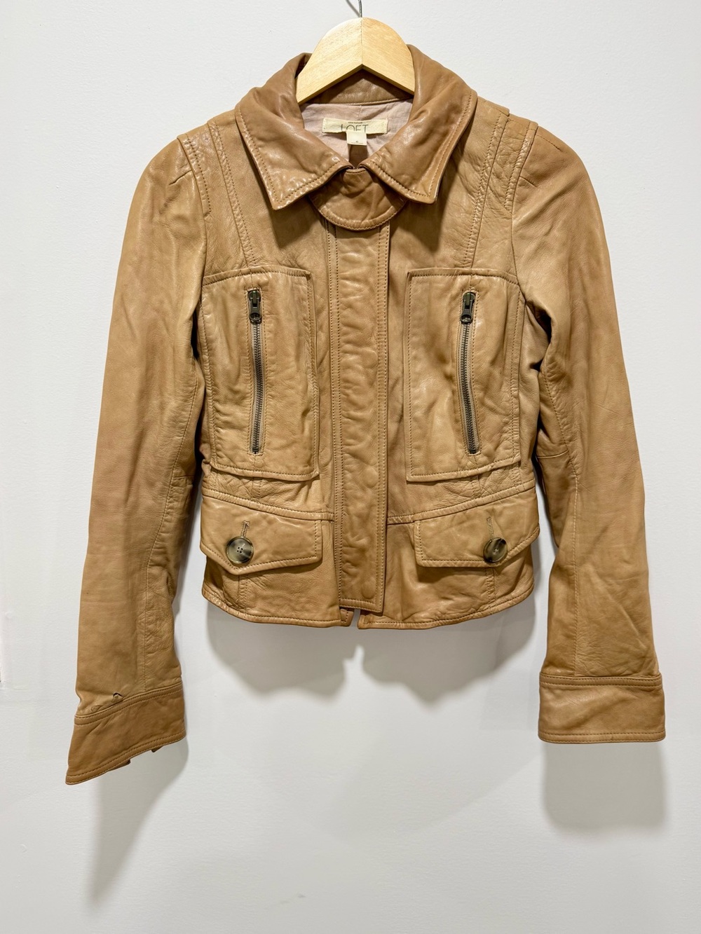 Vintage Ann Taylor LOFT Camel Genuine Leather Moto Jacket Size 6 Cropped